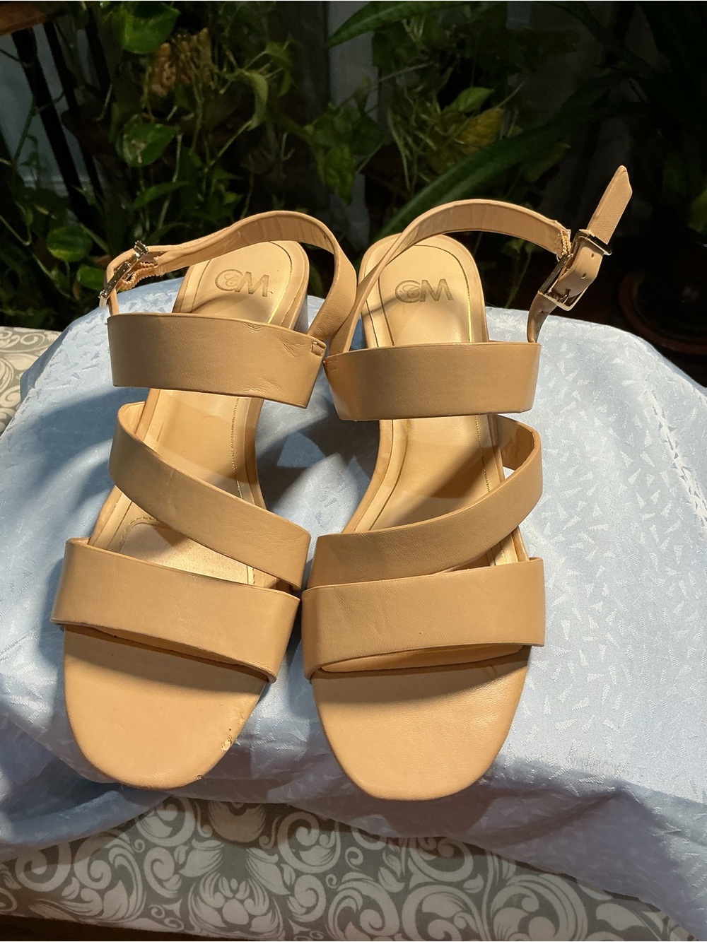 Beige/Tan Strappy Block Heel Sandals with Ankle Buckle